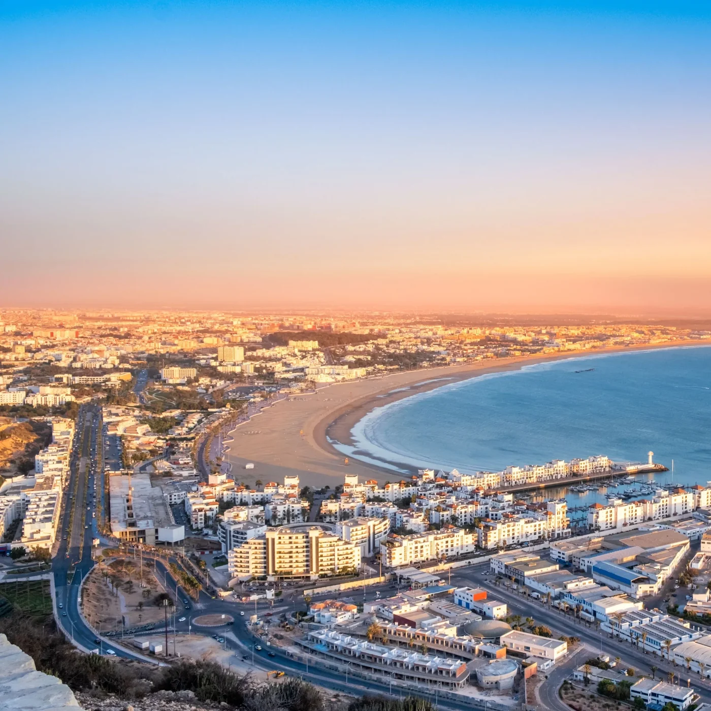 Aerial view of Agadir beach and city, Morocco